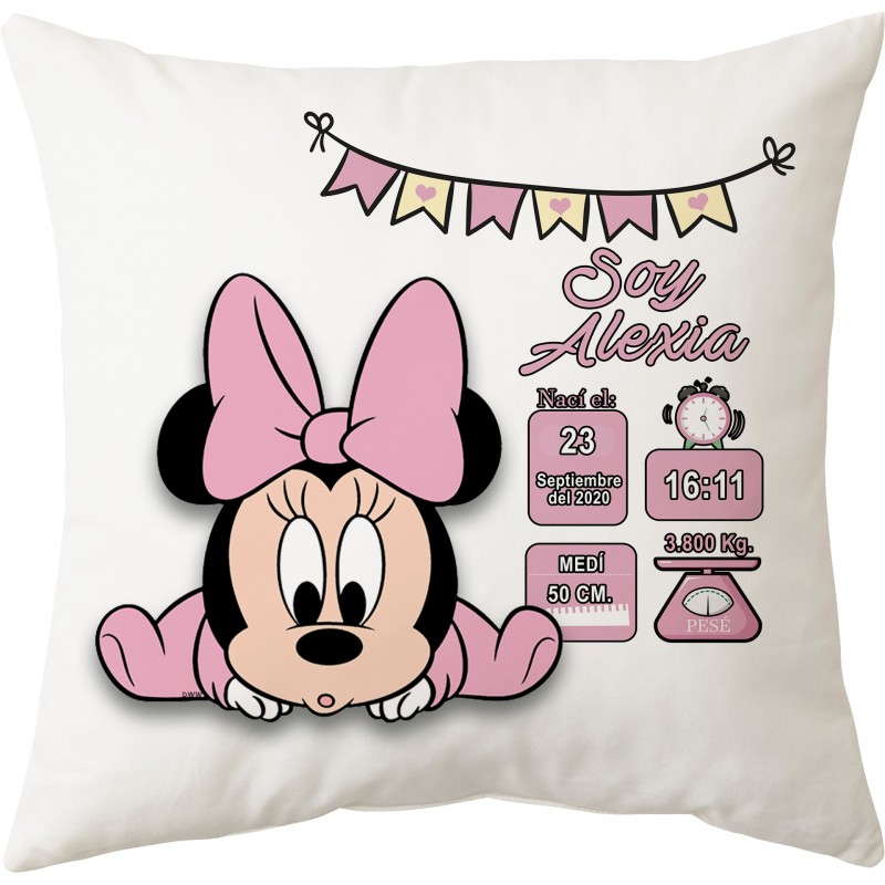 Cojín Natalicio Minnie o Mickey Mouse Personalizado para Bebes, regalo nacimiento