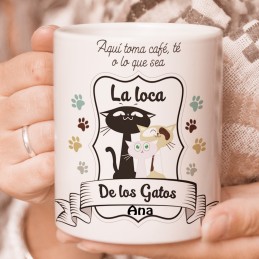 Taza personalizada La loca de los Gatos, Tazas Desayuno Originales graciosas para Amantes de los Gatos