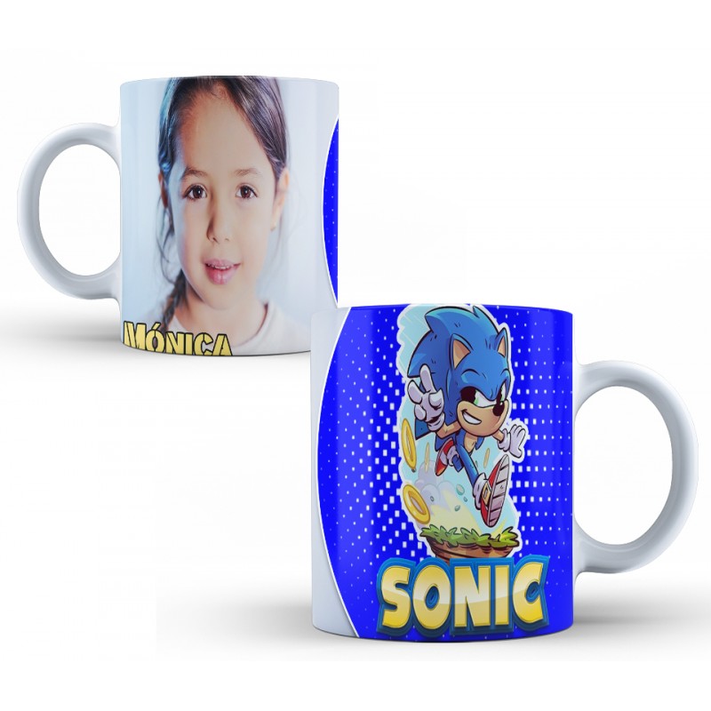 Taza regalo niños con personaje erizo azul con foto personalizada