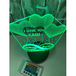 Lámpara Enamorados Led 3D infinito y corazones grabados, 7 colores