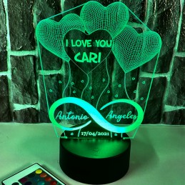 Lámpara Enamorados Led 3D infinito y corazones grabados, 7 colores
