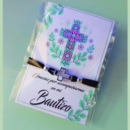 Detalle para bautizo, pulsera más tarjeta para tus invitados, modelo cruz