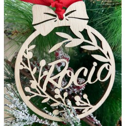 Bola de Navidad personalizada de madera natural con nombre elegante