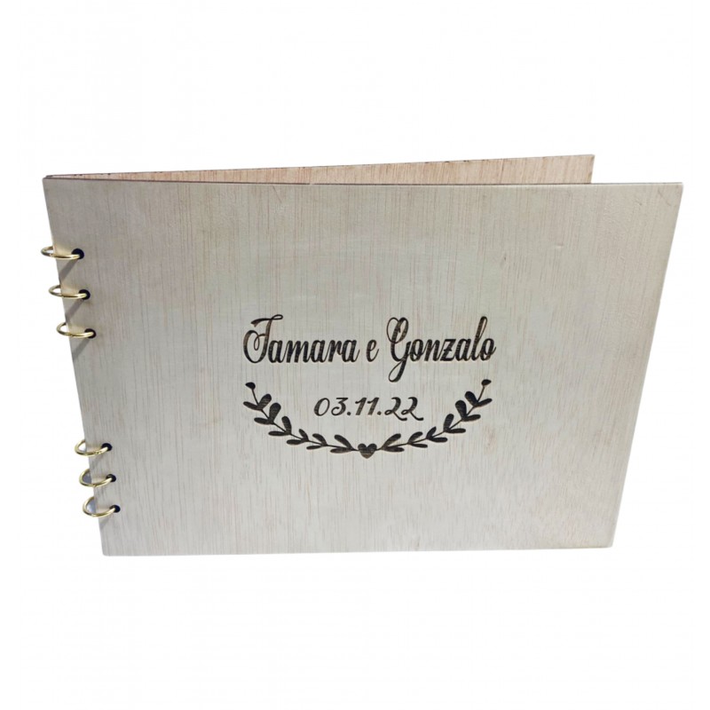 Album de boda, libro para firmas en madera grabada, 20 hojas papel Vintage