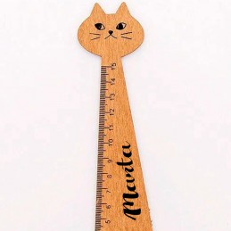 Regla madera para detalles de cumpleaños infantiles, 15 cm con forma de gato y nombre personalizado