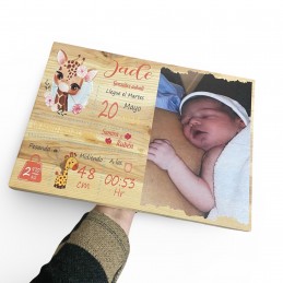 ¡Celebra la Dulce Llegada del bebe. Tabla grande de Madera Haya Maciza con Girafa Impresa y Foto Personalizada , regalo bebes